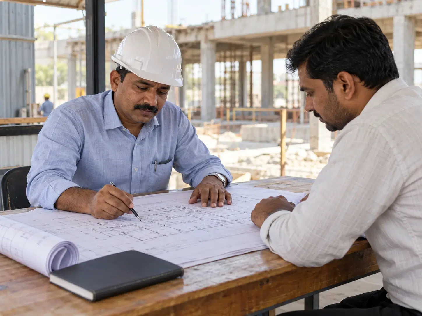 Representative scene of an Indian engineer and client reviewing construction drawings